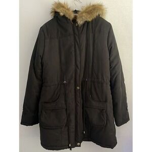 Grace Karin Jacket Women XL Black  Winter Coat Fleece Lined Hood Faux Fur Trim